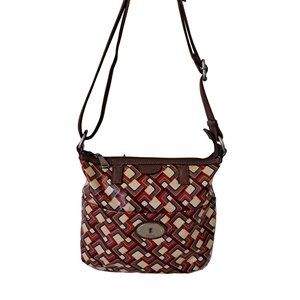 Vintage Fossil KeyPer Purse Crossbody Coated Canvas Geometric Print Adjustable